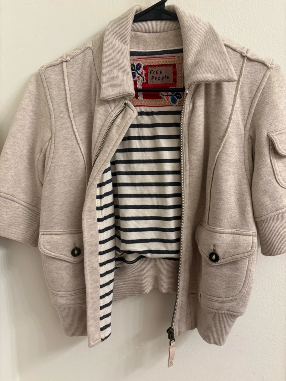 Free People Cream Short Sleeve Zip-Up Jacket with Striped Lining